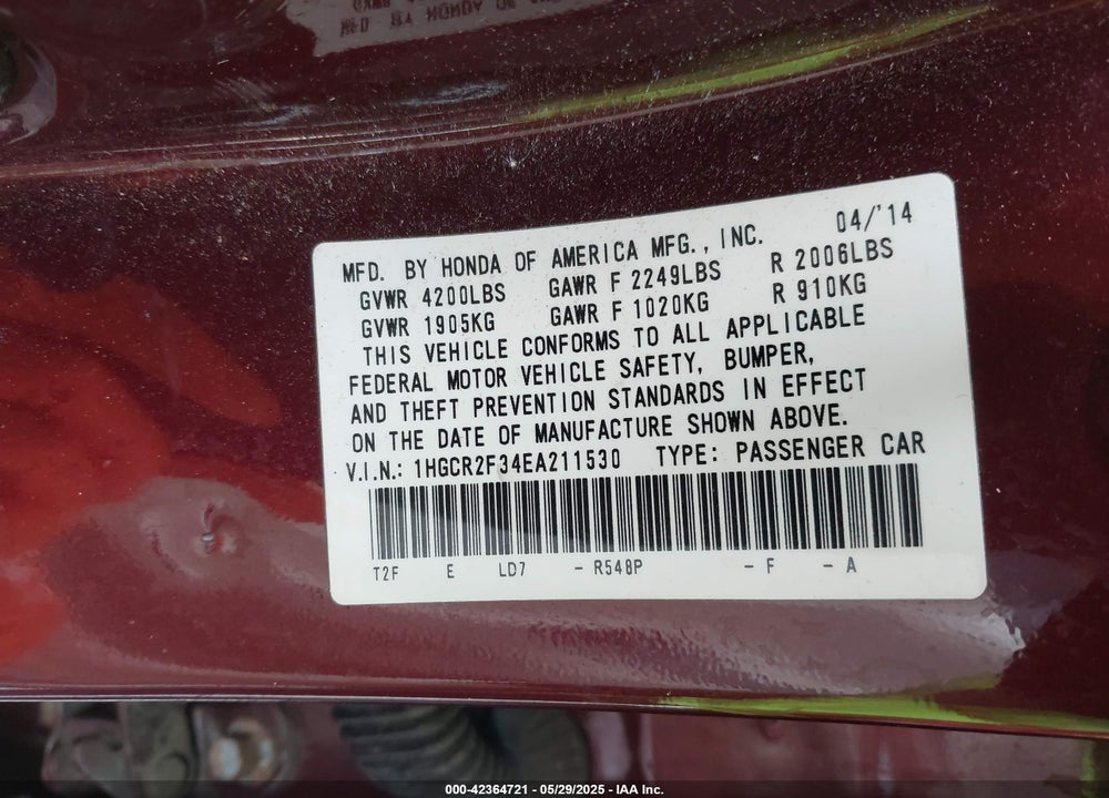 2014 HONDA ACCORD VIN: 1HGCR2F34EA211530