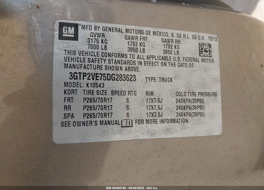 2013 GMC SIERRA VIN: 3GTP2VE75DG283623