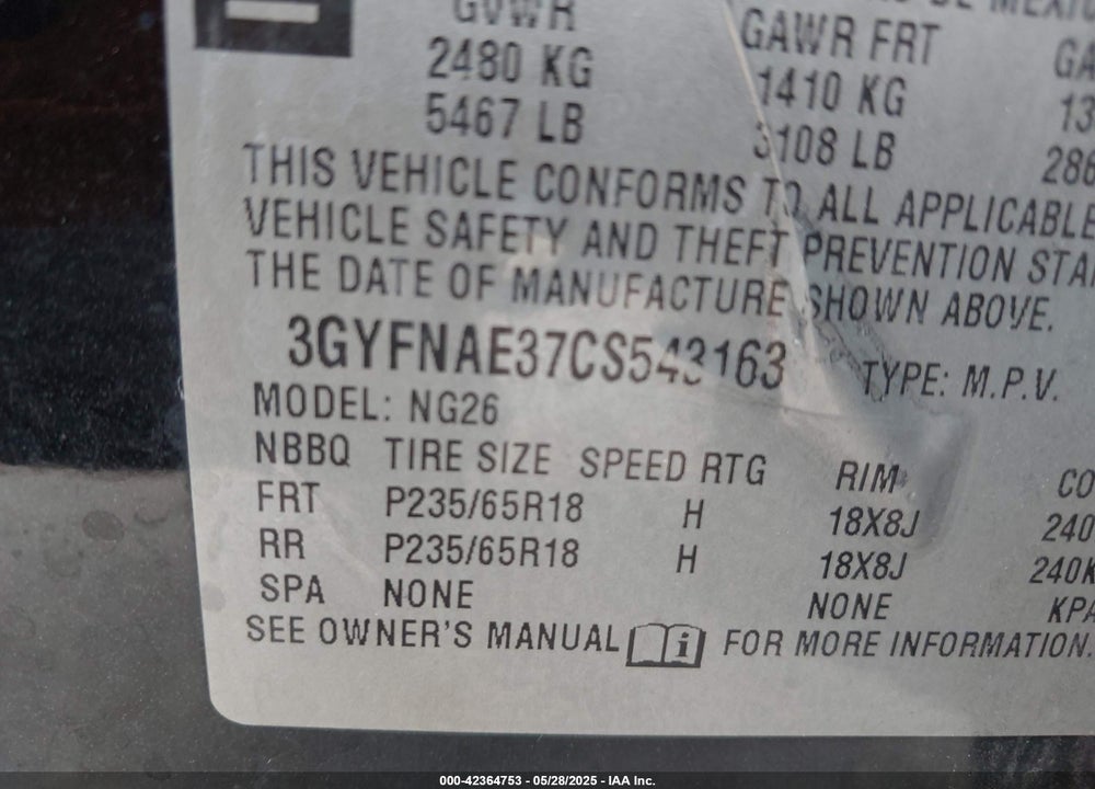 2012 CADILLAC SRX VIN: 3GYFNAE37CS543163