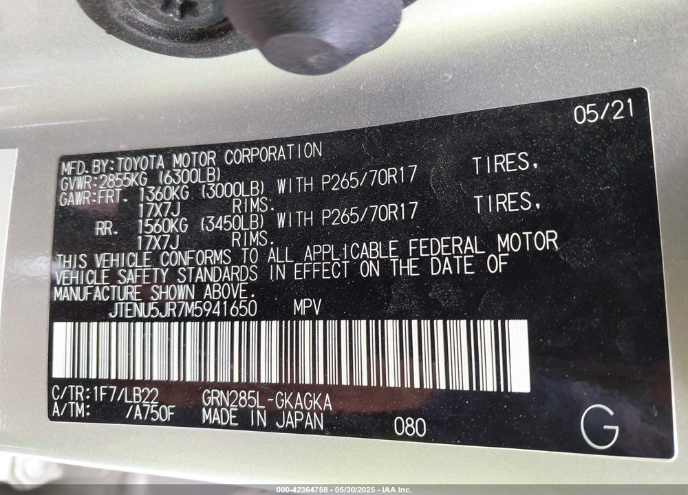 2021 TOYOTA 4RUNNER VIN: JTENU5JR7M5941650