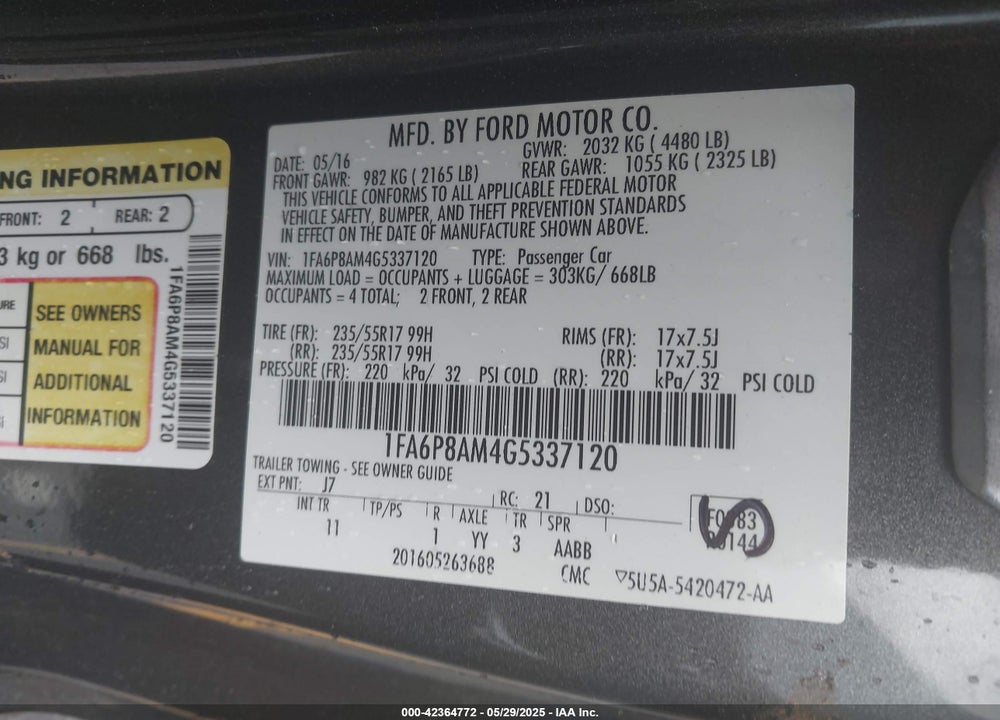 2016 FORD MUSTANG VIN: 1FA6P8AM4G5337120