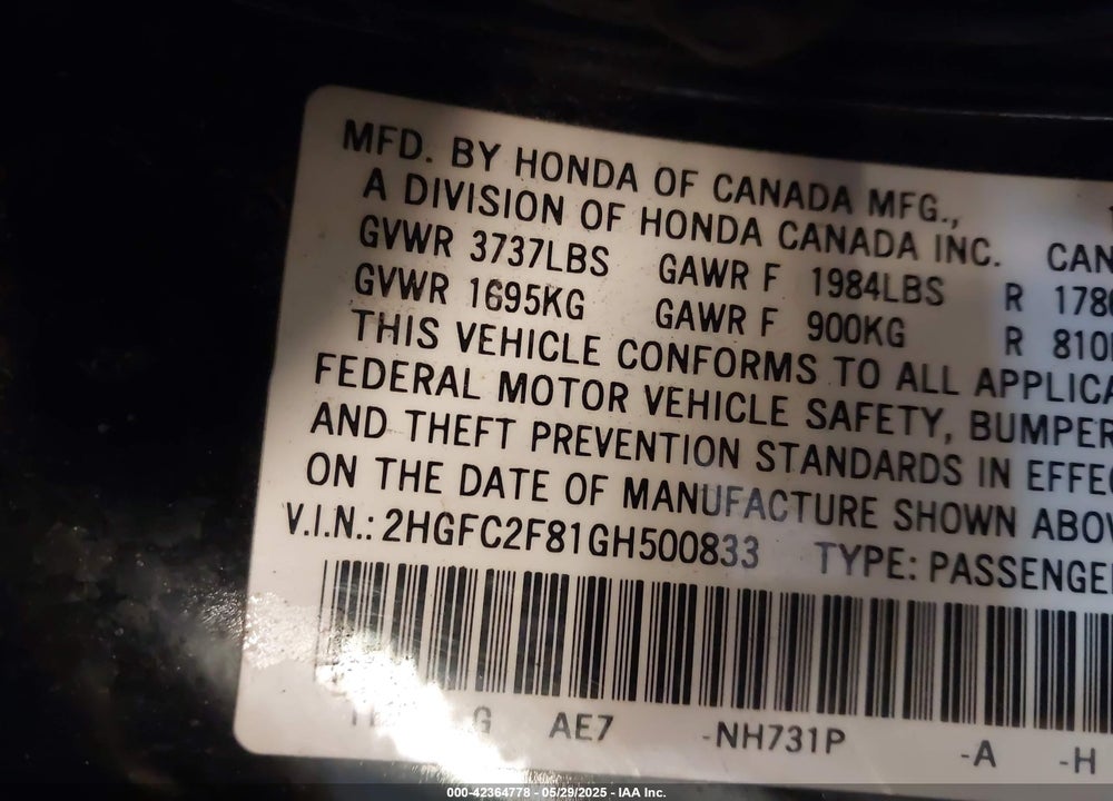 2016 HONDA CIVIC VIN: 2HGFC2F81GH500833