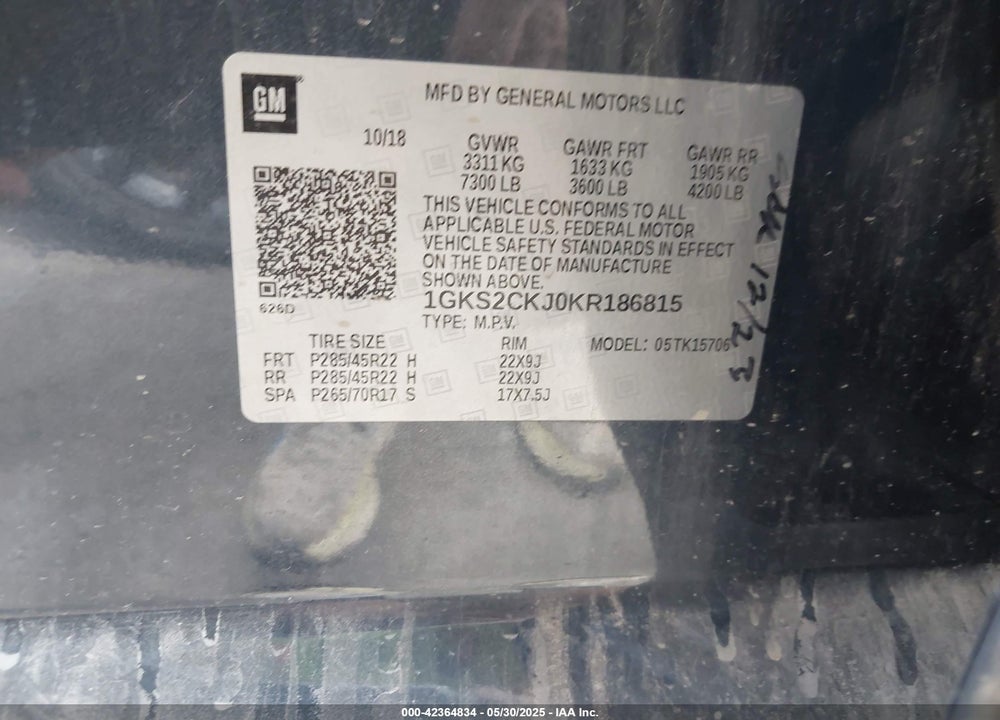 2019 GMC YUKON VIN: 1GKS2CKJ0KR186815