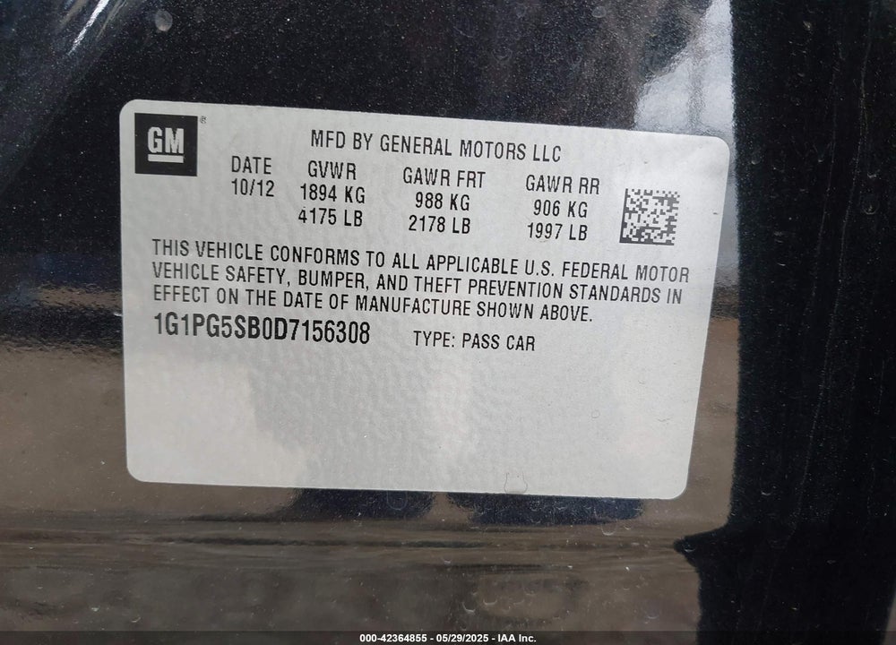 2013 CHEVROLET CRUZE VIN: 1G1PG5SB0D7156308