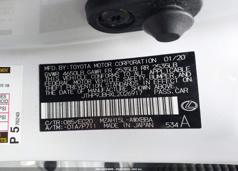 2020 LEXUS UX 250H VIN: JTHP9JBHXL2026917