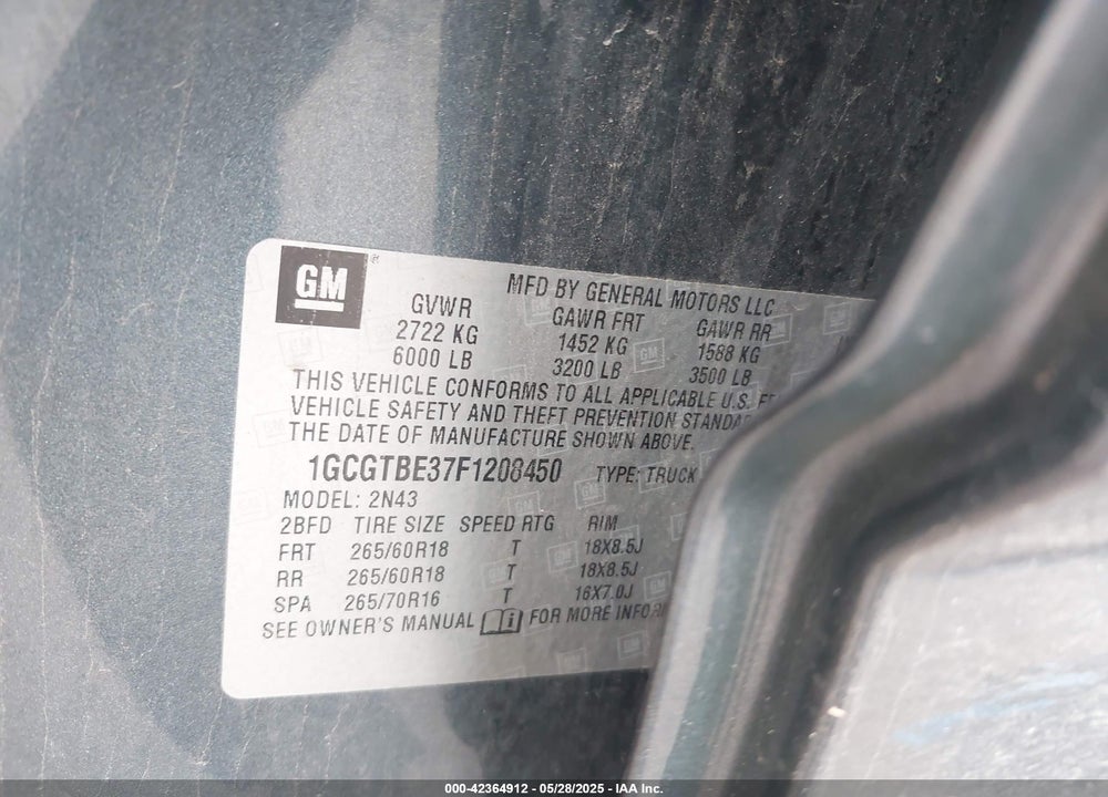 2015 CHEVROLET COLORADO VIN: 1GCGTBE35F1208450