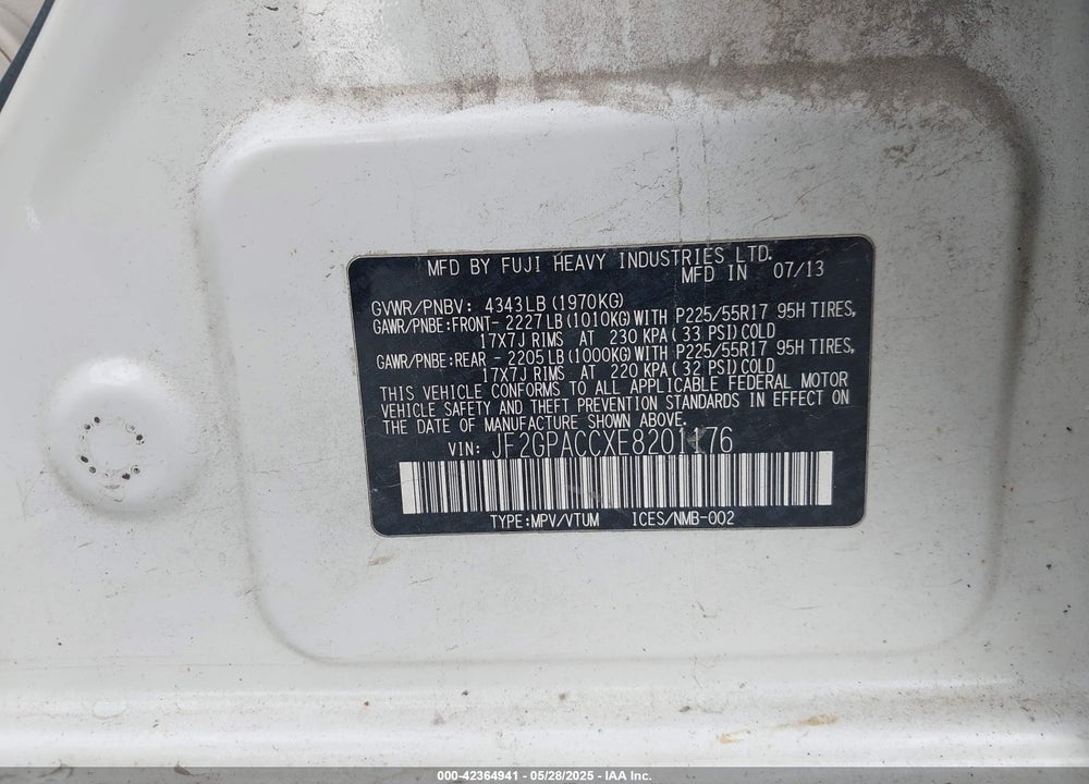 2014 SUBARU XV CROSSTREK VIN: JF2GPACCXE8201176