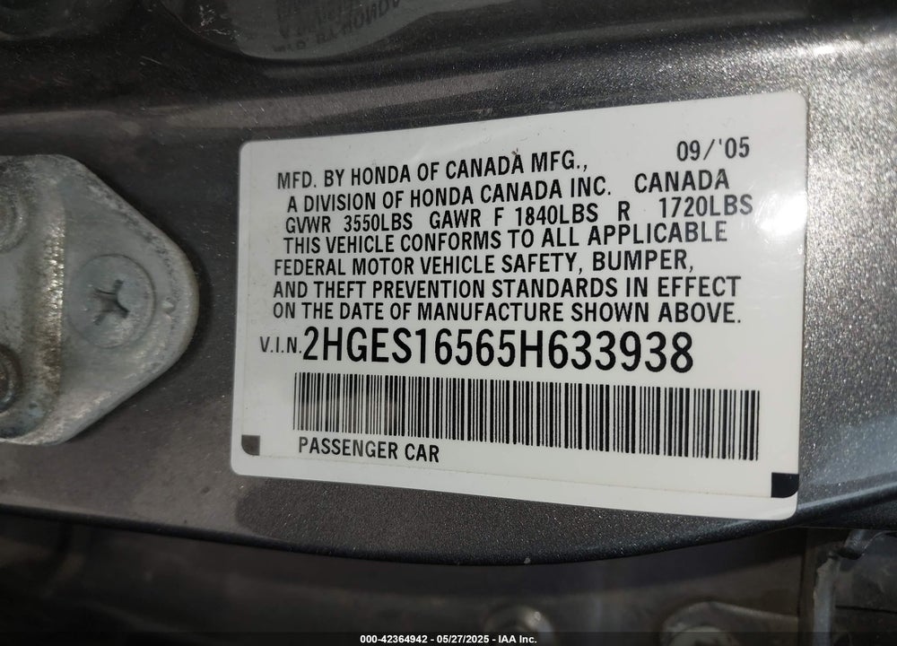 2005 HONDA CIVIC LX VIN: 2HGES16565H633938