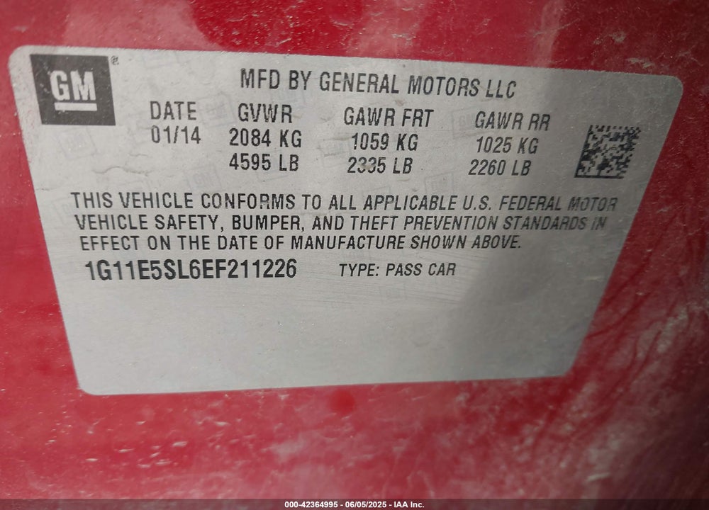 2014 CHEVROLET MALIBU VIN: 1G11E5SL6EF211226