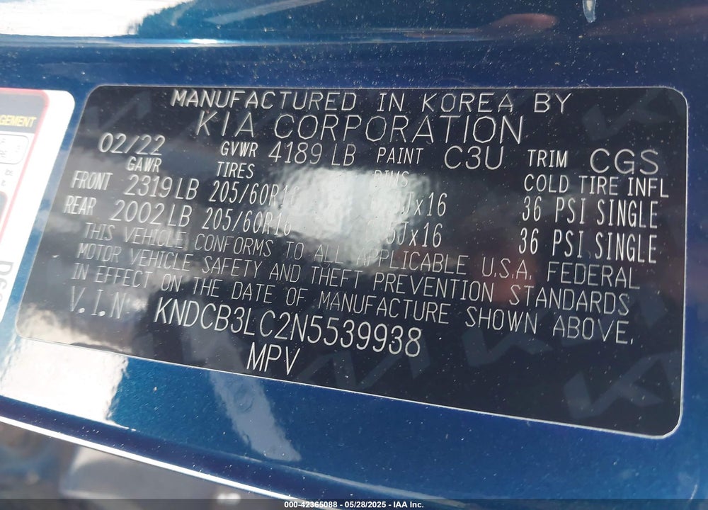 2022 KIA NIRO VIN: KNDCB3LC2N5539938