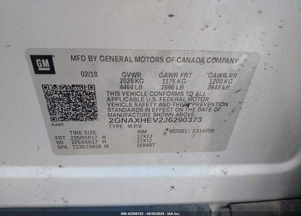 2018 CHEVROLET EQUINOX VIN: 2GNAXHEV2J6290373