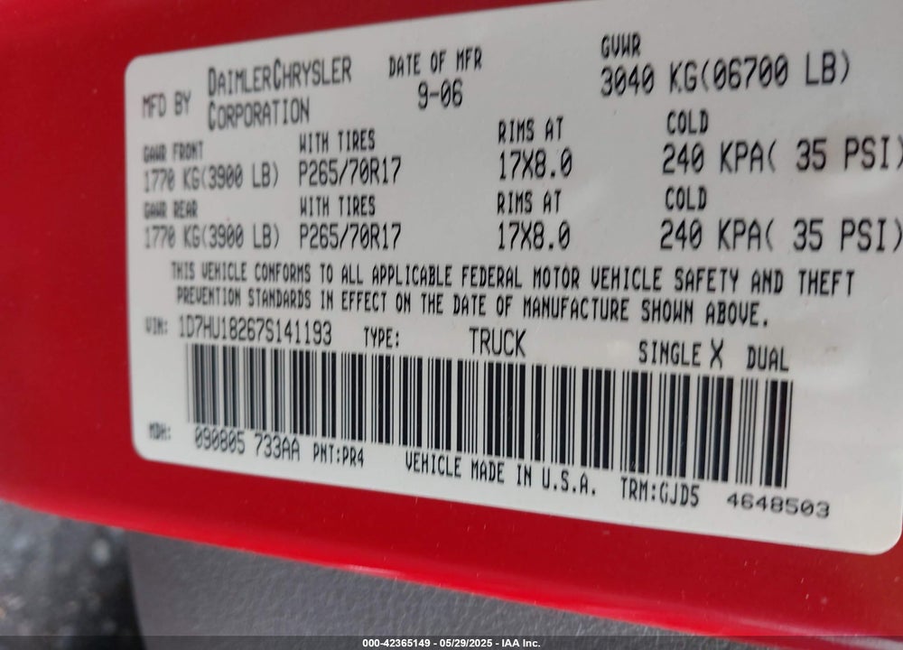 2007 DODGE RAM 1500 VIN: 1D7HU18267S141193