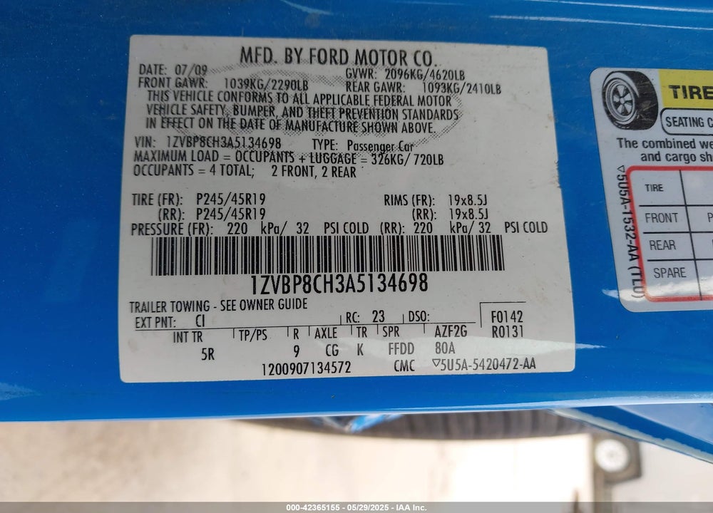 2010 FORD MUSTANG VIN: 1ZVBP8CH3A5134698