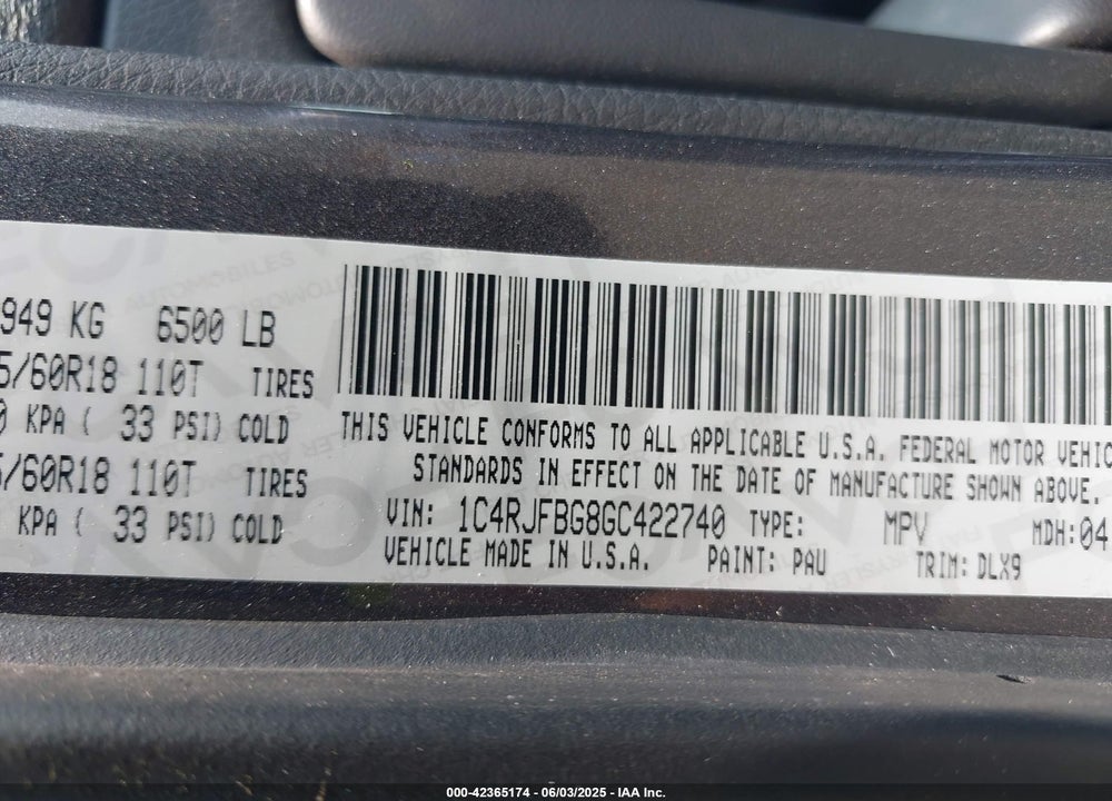 2016 JEEP GRAND CHEROKEE LIMITED VIN: 1C4RJFBG8GC422740