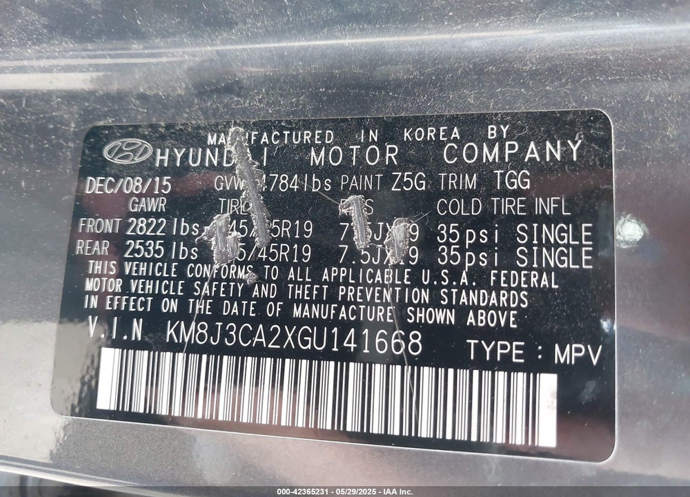 2016 HYUNDAI TUCSON SPORT VIN: KM8J3CA2XGU141668