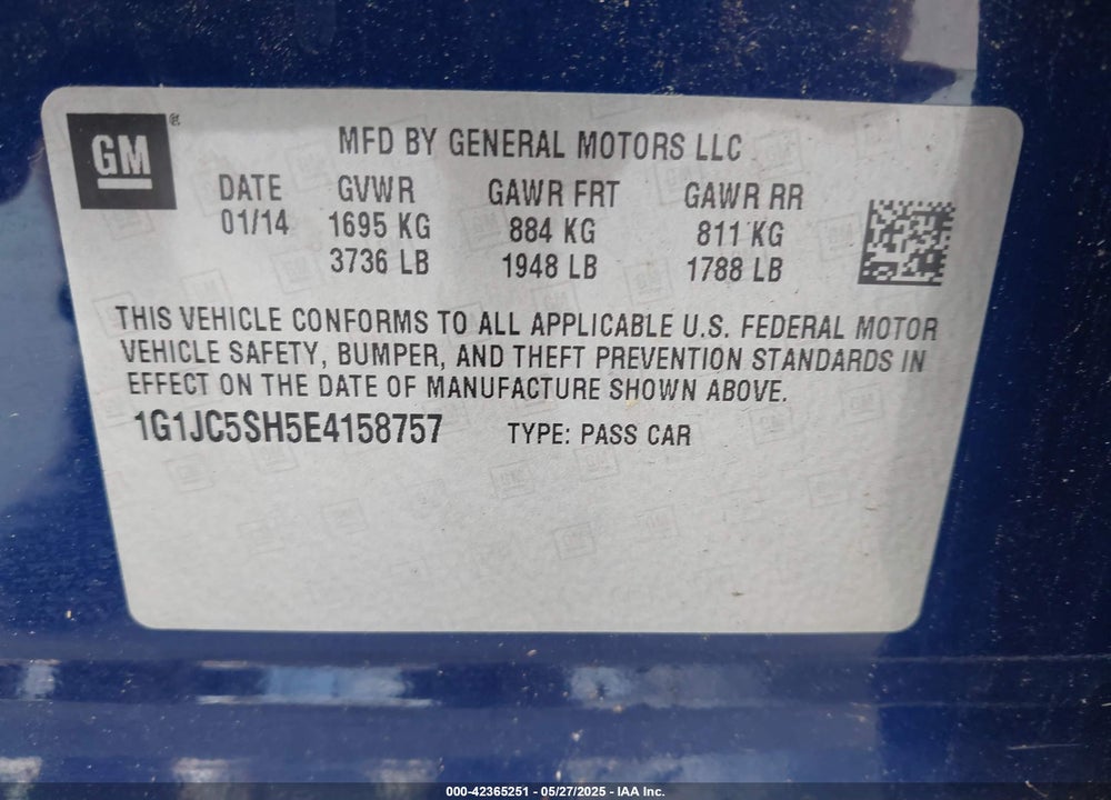 2014 CHEVROLET SONIC VIN: 1G1JC5SH5E4158757