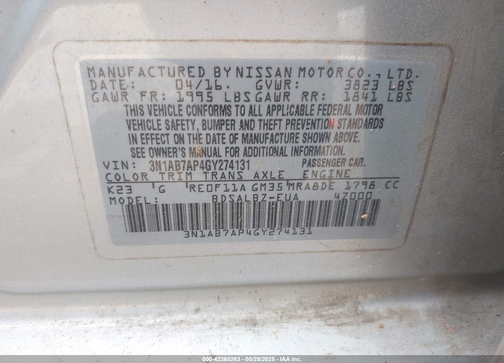 2016 NISSAN SENTRA S VIN: 3N1AB7AP4GY274131