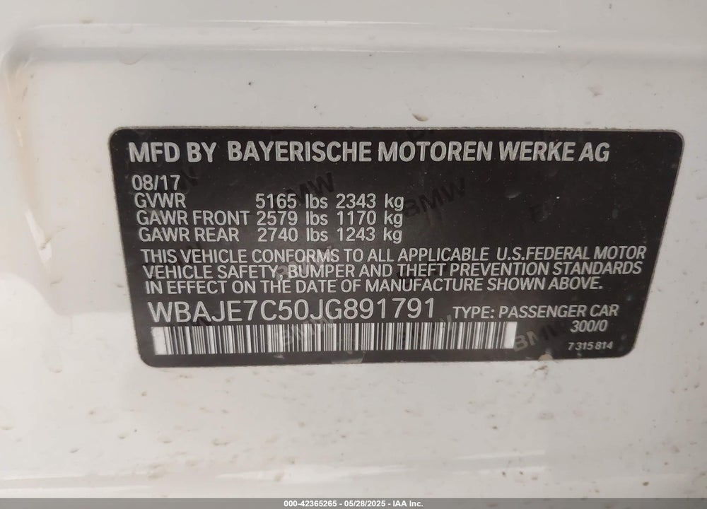 2018 BMW 5 SERIES VIN: WBAJE7C50JG891791