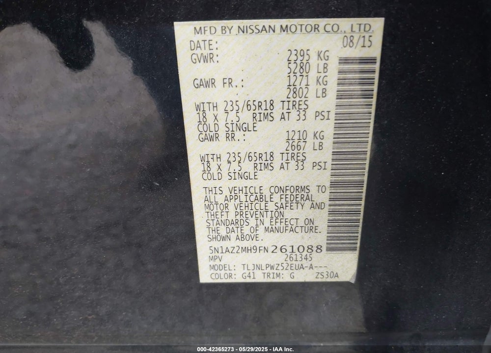 2015 NISSAN MURANO S VIN: 5N1AZ2MH9FN261088