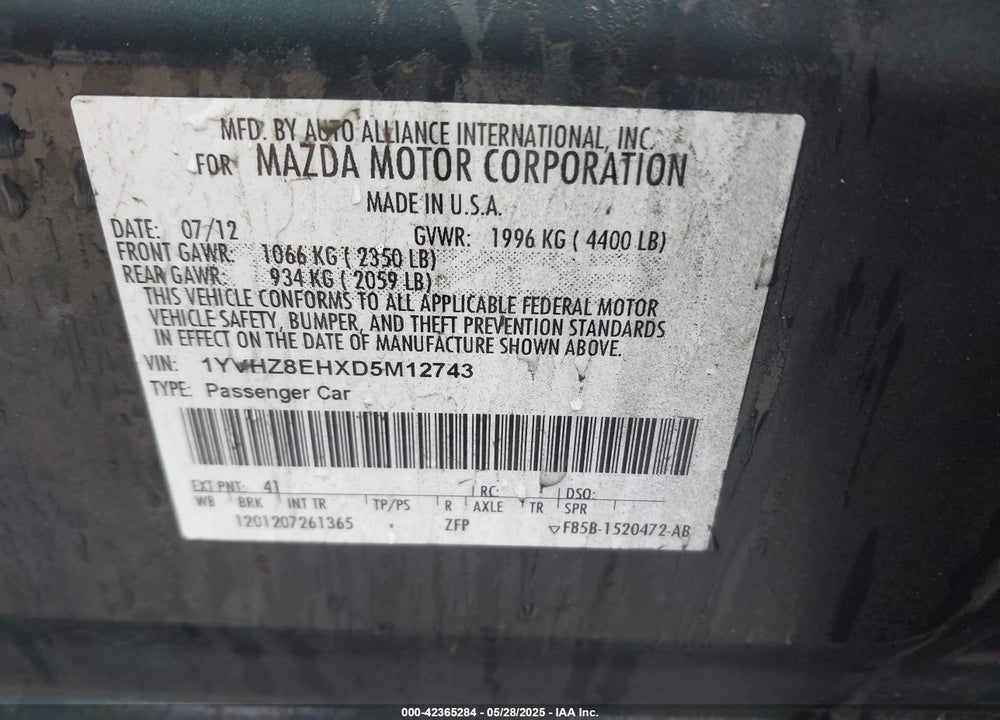 2013 MAZDA 6 I TOURING PLUS VIN: 1YVHZ8EHXD5M12743