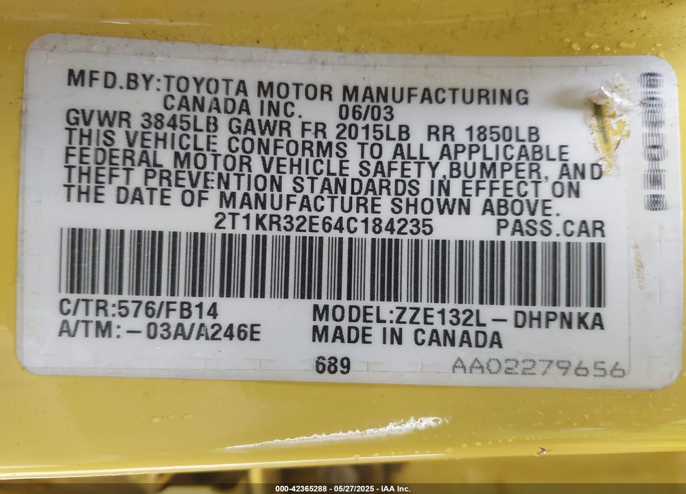 2004 TOYOTA MATRIX/XR VIN: 2T1KR32E64C184235