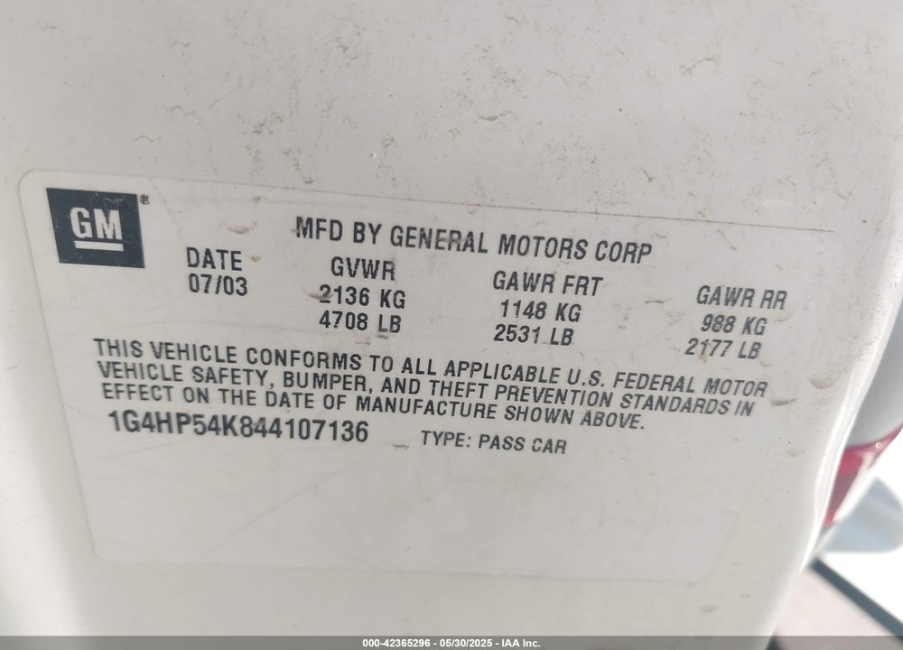 2004 BUICK LESABRE CUSTOM VIN: 1G4HP54K844107136