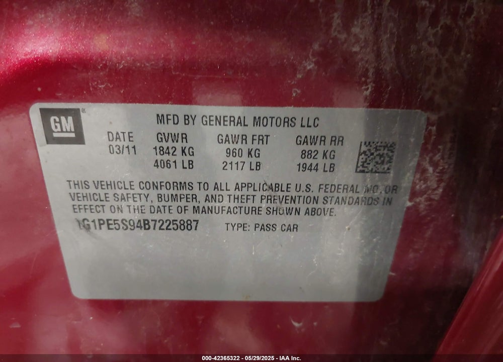 2011 CHEVROLET CRUZE VIN: 1G1PE5S94B7225887