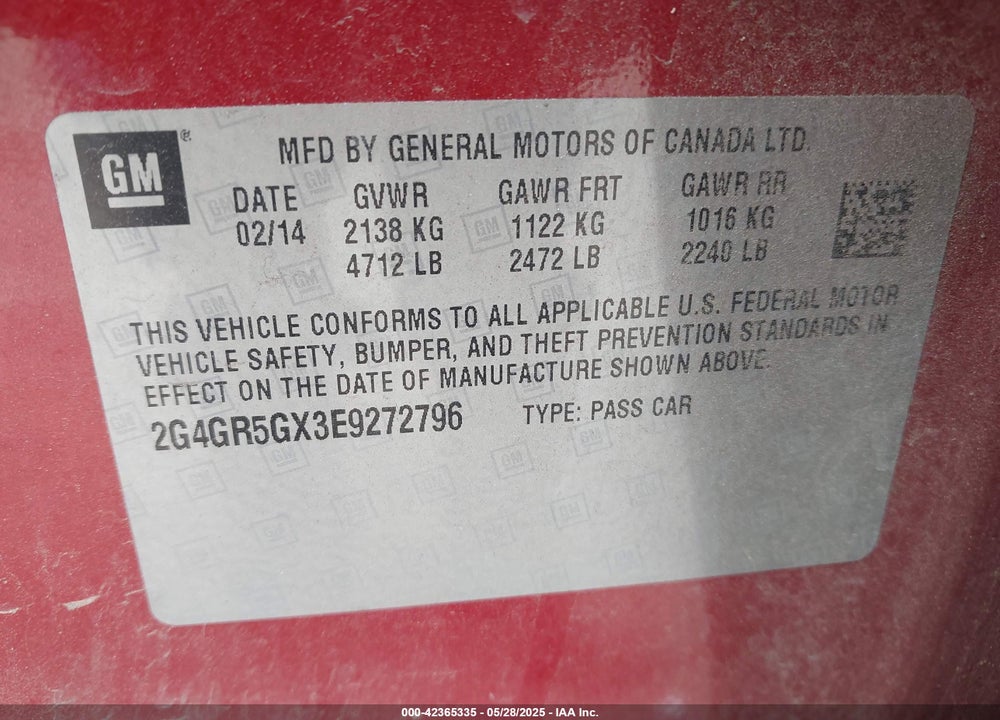 2014 BUICK REGAL VIN: 2G4GR5GX3E9272796
