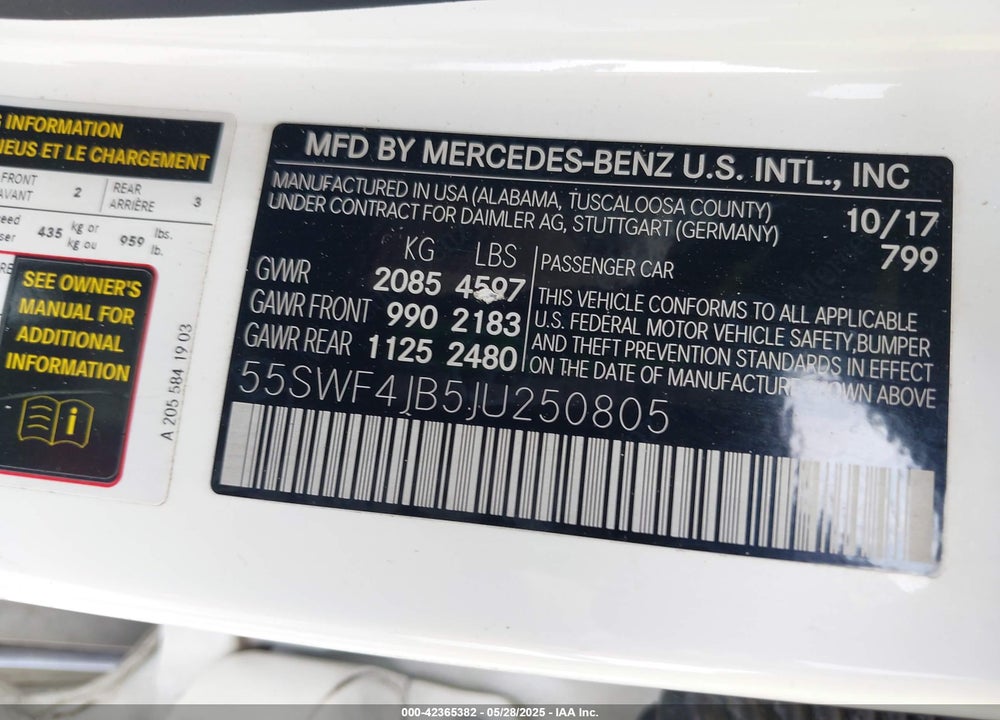 2018 MERCEDES-BENZ C CLASS VIN: 55SWF4JB5JU250805
