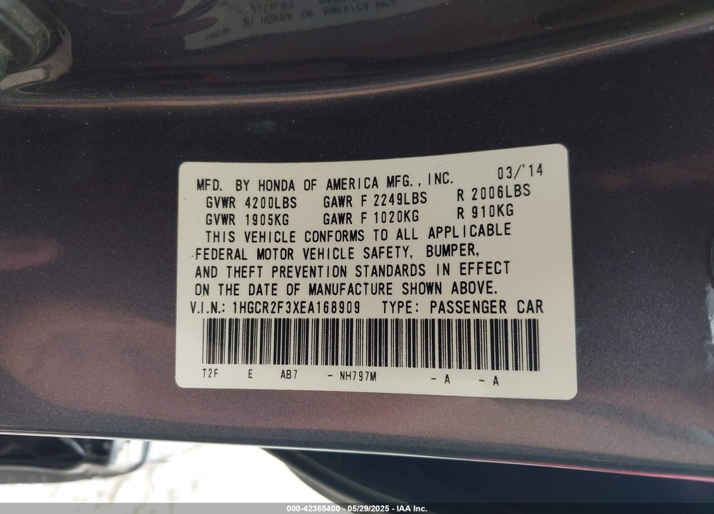2014 HONDA ACCORD LX VIN: 1HGCR2F3XEA168909