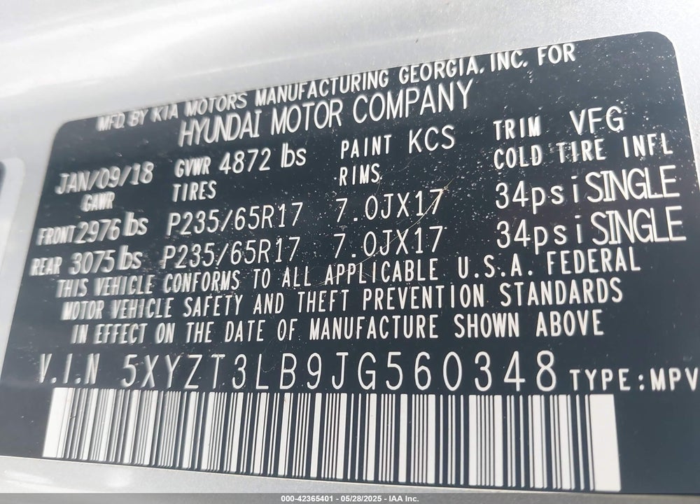2018 HYUNDAI SANTA FE SPORT VIN: 5XYZT3LB9JG560348