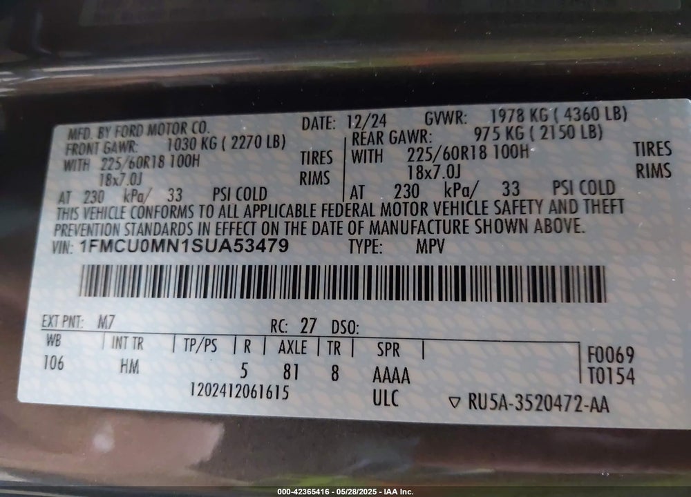 2025 FORD ESCAPE VIN: 1FMCU0MN1SUA53479