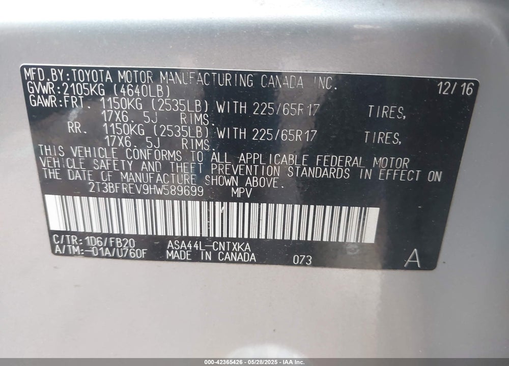 2017 TOYOTA RAV4 VIN: 2T3BFREV9HW589699