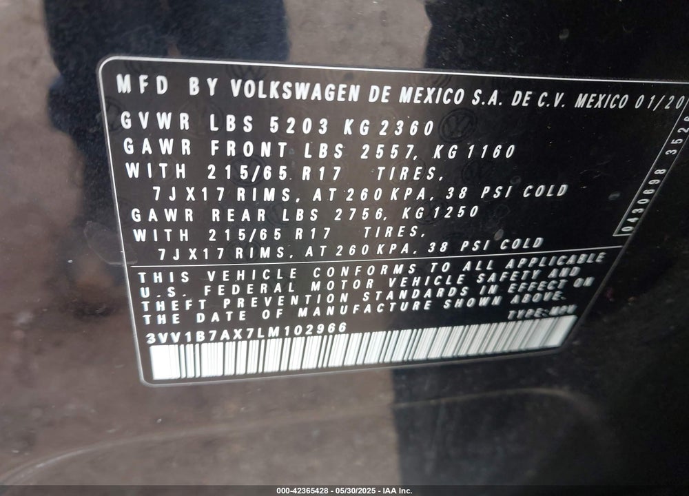 2020 VOLKSWAGEN TIGUAN VIN: 3VV1B7AX7LM102966