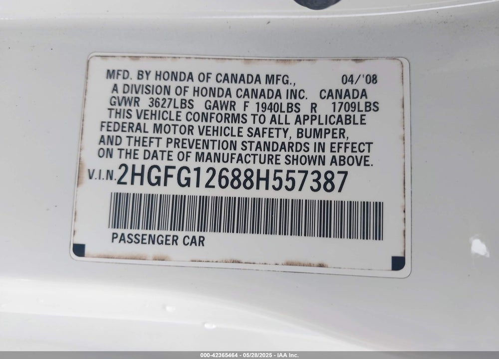 2008 HONDA CIVIC VIN: 2HGFG12688H557387