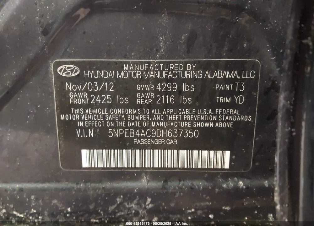 2013 HYUNDAI SONATA VIN: 5NPEB4AC9DH637350