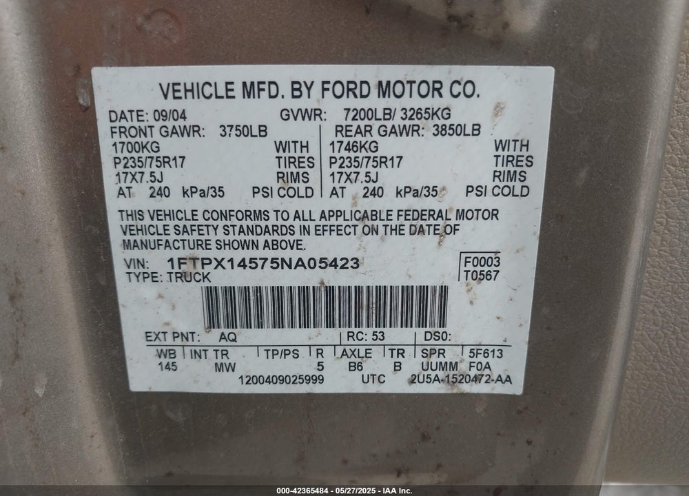 2005 FORD F-150 FX4/LARIAT/XL/XLT VIN: 1FTPX14575NA05423
