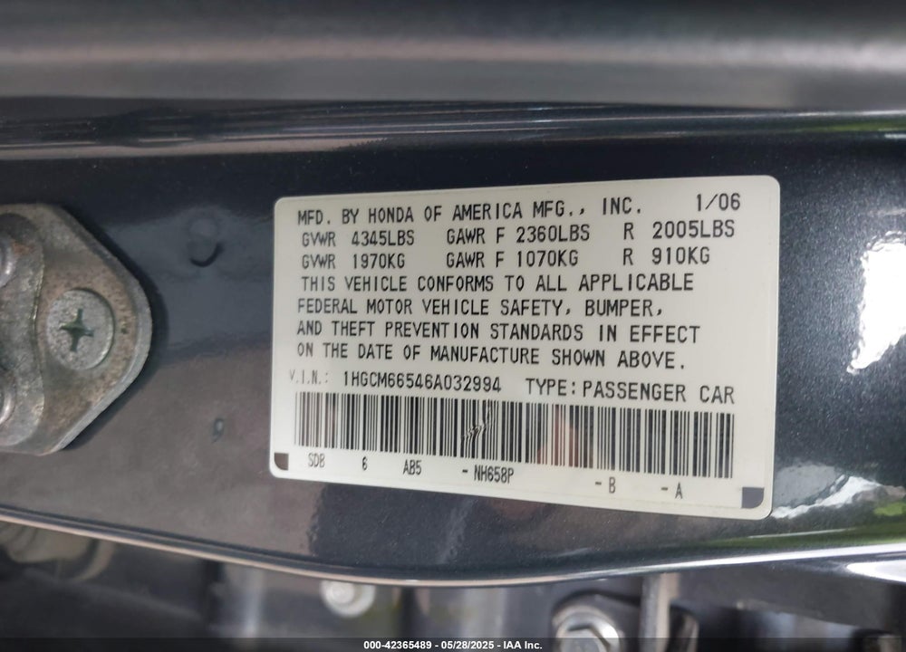 2006 HONDA ACCORD VIN: 1HGCM66546A032994