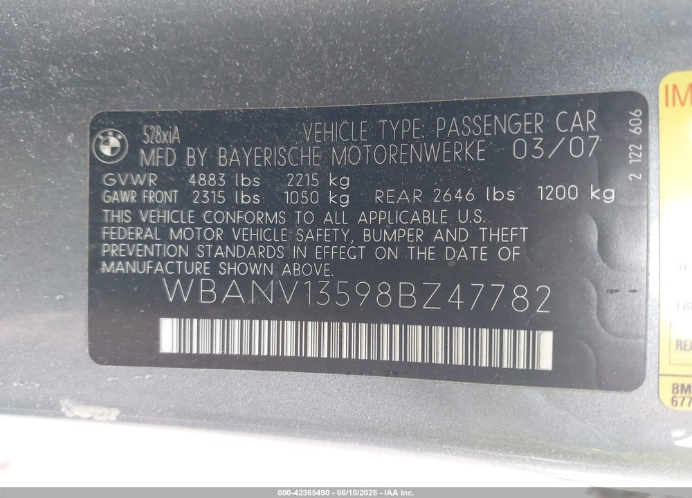 2008 BMW 528XI VIN: WBANV13598BZ47782