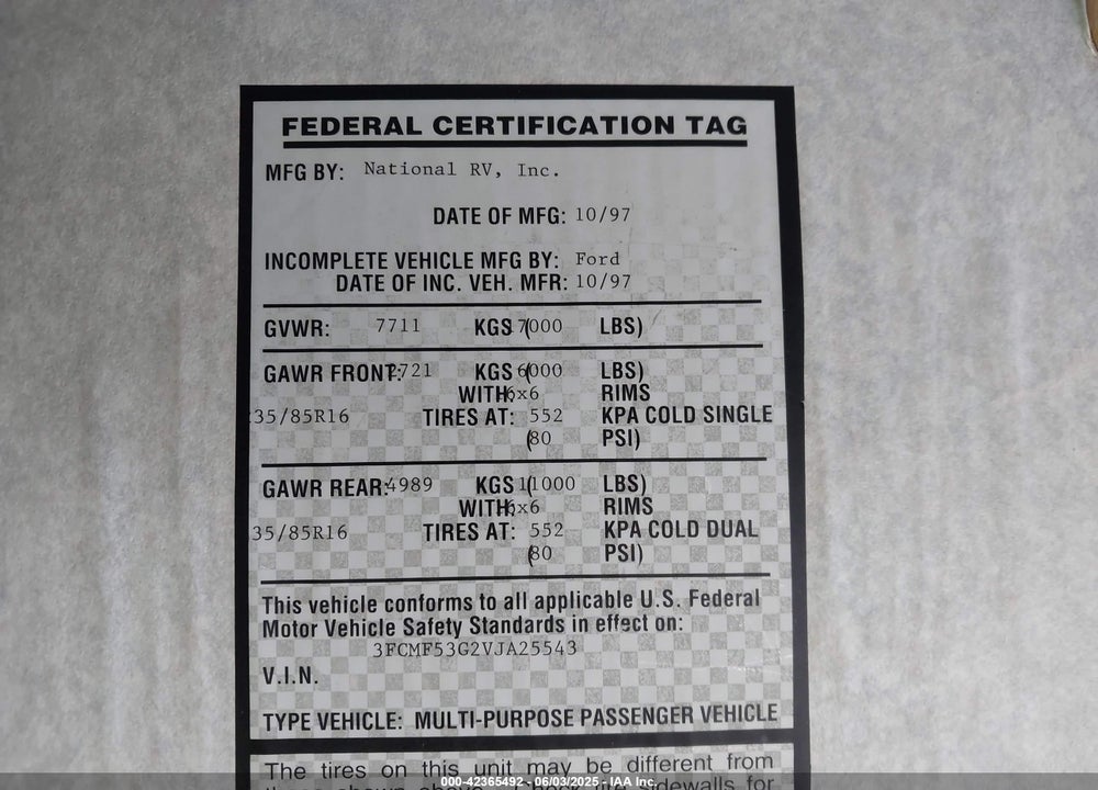 1997 FORD F530 SUPER DUTY VIN: 3FCMF53G2VJA25543