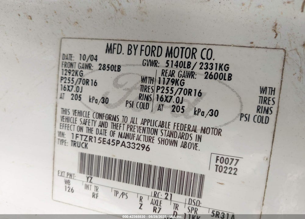 2005 FORD RANGER VIN: 1FTZR15E45PA33296