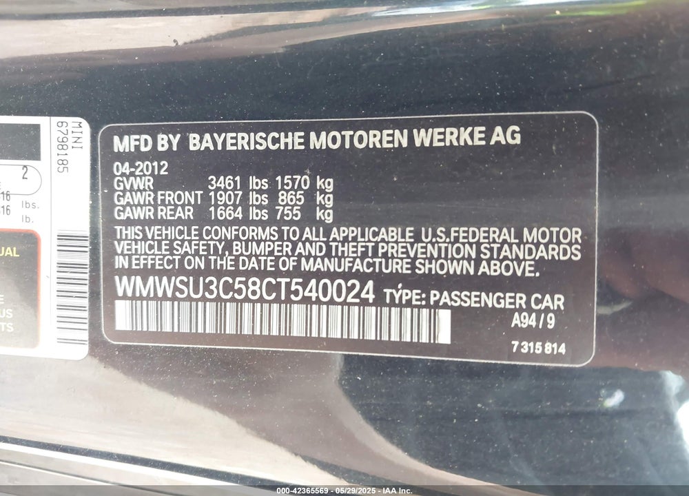 2012 MINI COOPER VIN: WMWSU3C58CT540024