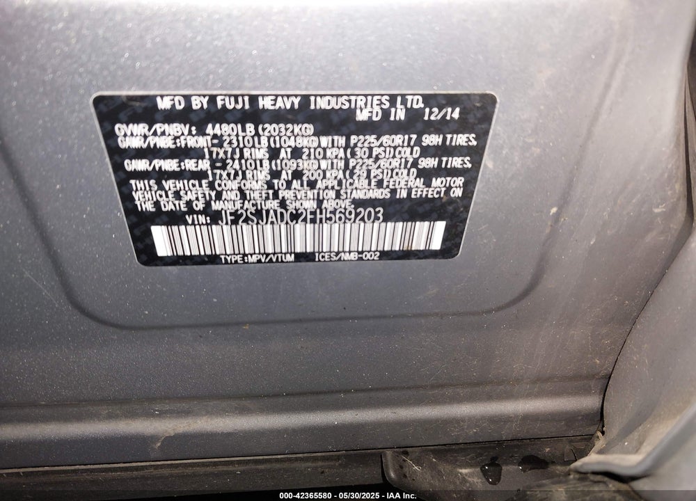 2015 SUBARU FORESTER VIN: JF2SJADC2FH569203