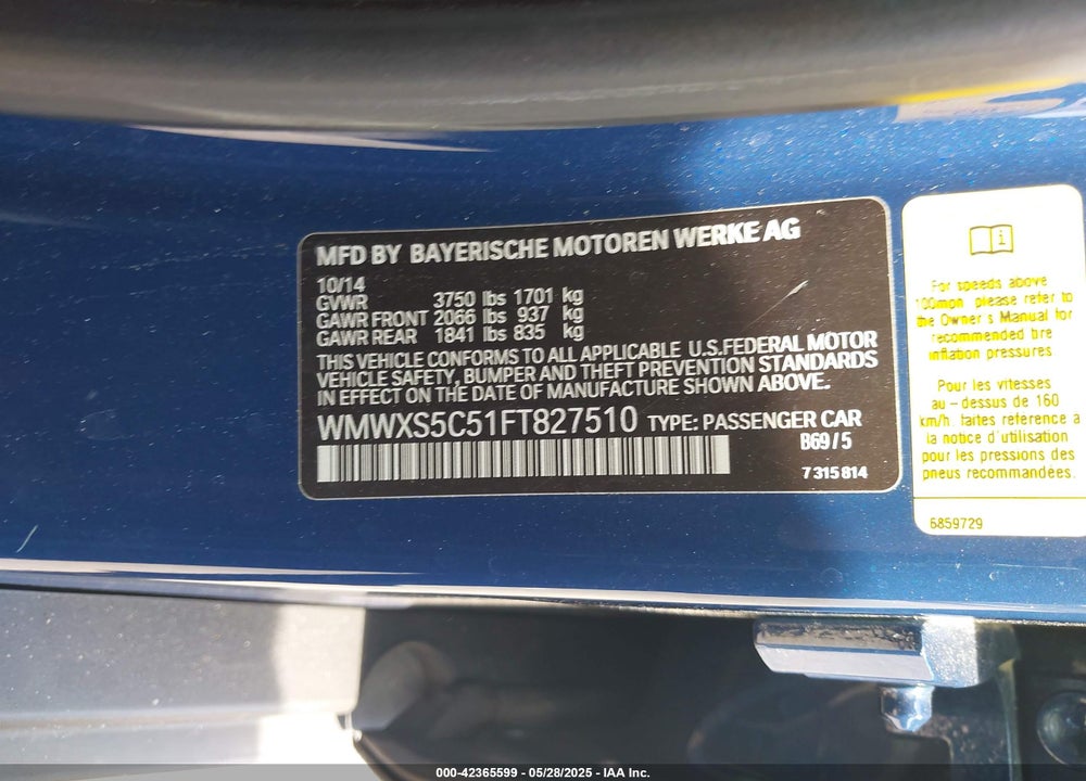 2015 MINI HARDTOP VIN: WMWXS5C51FT827510