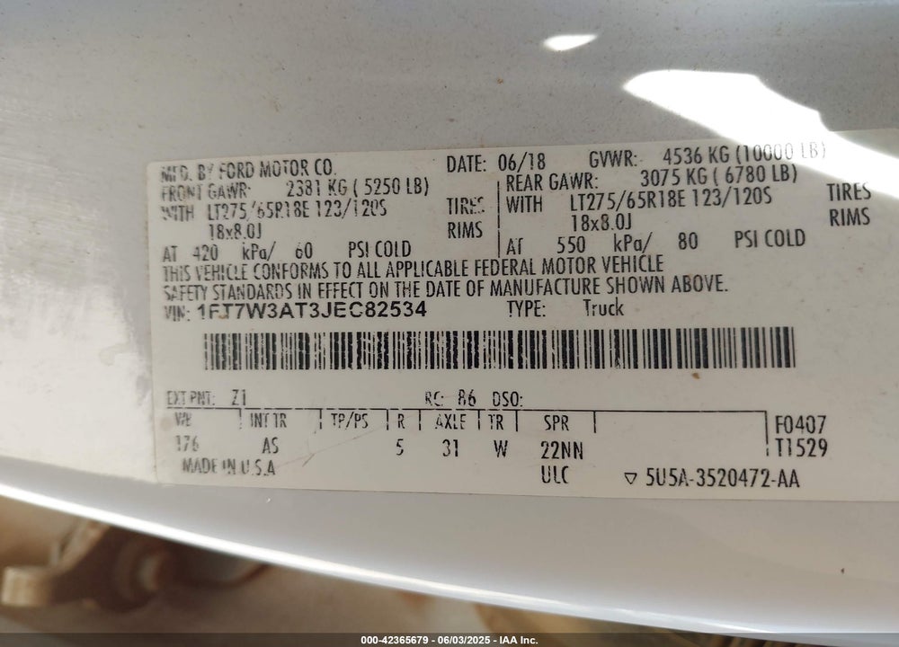 2018 FORD F-350 XL VIN: 1FT7W3AT3JEC82534