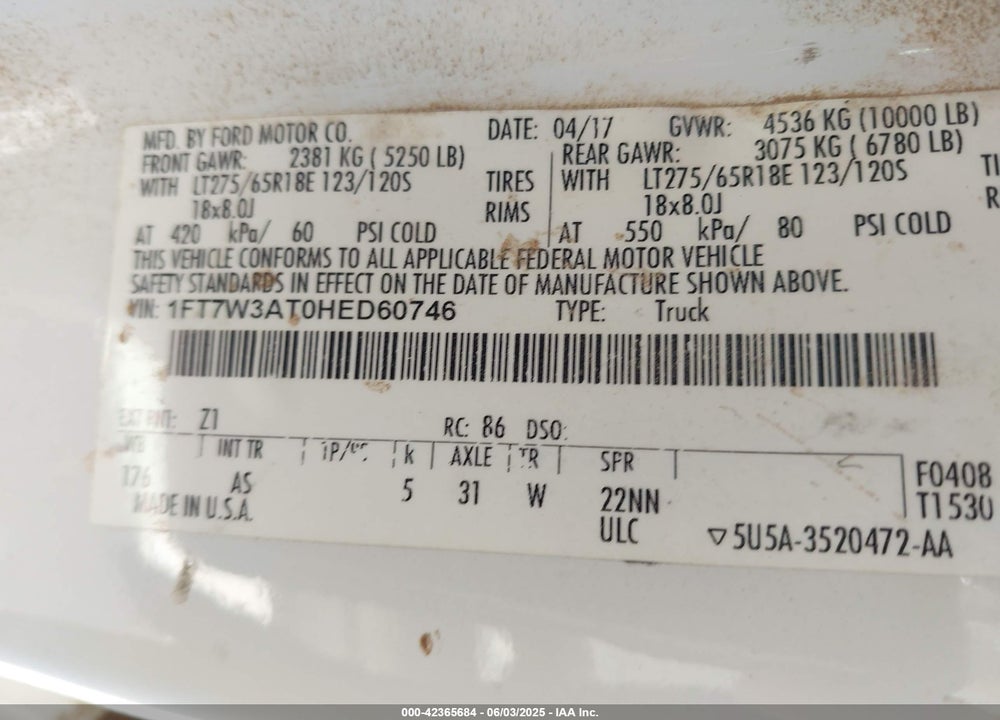 2017 FORD F-350 XL VIN: 1FT7W3AT0HED60746