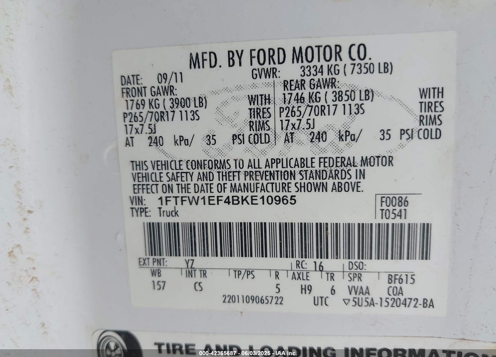 2011 FORD F-150 XL VIN: 1FTFW1EF4BKE10965