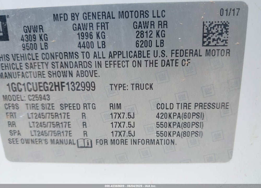 2017 CHEVROLET SILVERADO 2500HD VIN: 1GC1CUEG2HF132999