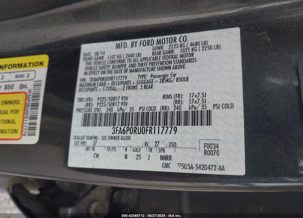 2015 FORD FUSION HYBRID VIN: 3FA6P0RU0FR117779