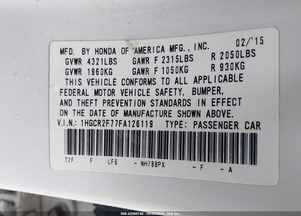 2015 HONDA ACCORD VIN: 1HGCR2F77FA126119